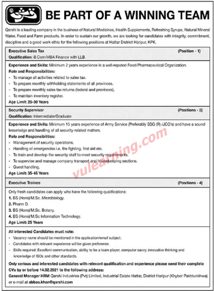 Qarshi Industries Limited Jobs 2021