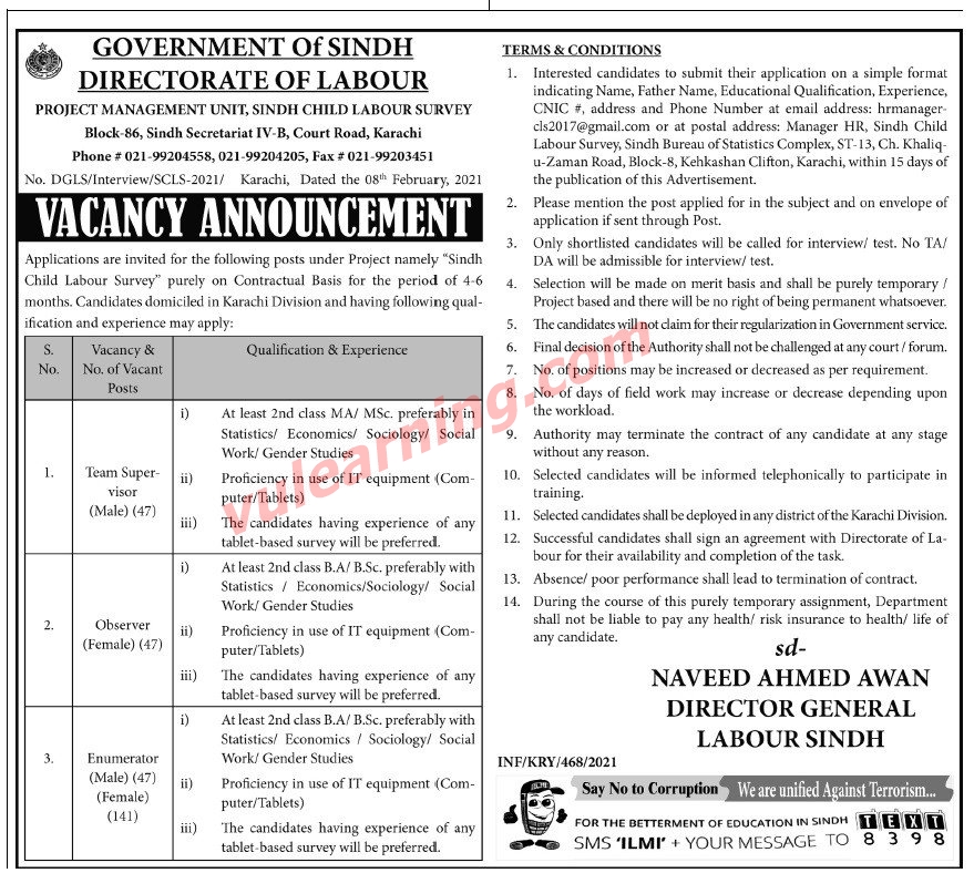 Government of Sindh Directorate of Labour Jobs 2021
